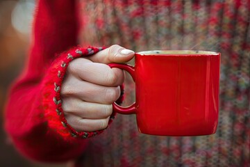 high resolution picture of Picture of a womans hand holding a red coffee mug