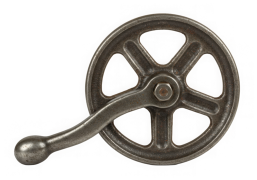 Detailed view of a metallic valve wheel featuring a lever, isolated on a transparent background.