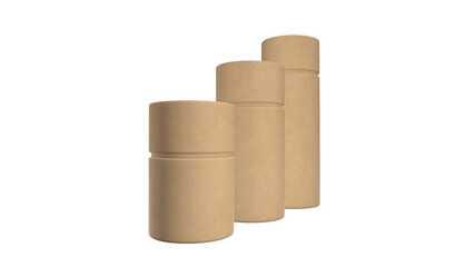 A set of three cylindrical cardboard containers, showcasing a minimalist design suitable for packaging or storage.