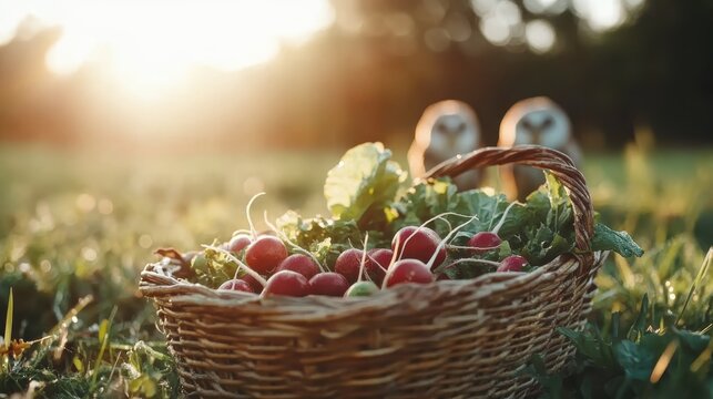 A beautifully arranged basket filled with fresh radishes sits in a sunlit field, capturing the essence of natural produce and the warmth of a golden sunset.