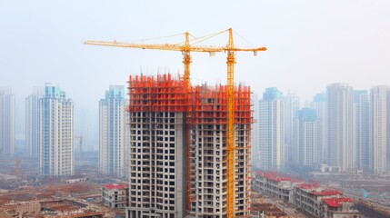Fototapeta premium A construction site with a tall building under construction, featuring cranes and surrounding urban development, Suitable for real estate, architecture, and construction industry projects,