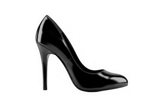 Elegant black patent leather high heel pump showcased in a sleek studio setting, minimal lighting. - Powered by Adobe