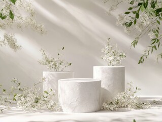detailed visual  of a three white cylinder podiums high detail 8k