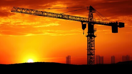 A silhouette of a construction crane against a dramatic sunset can be used to represent industry, development, or urban growth in marketing materials, presentations, or articles about construction,