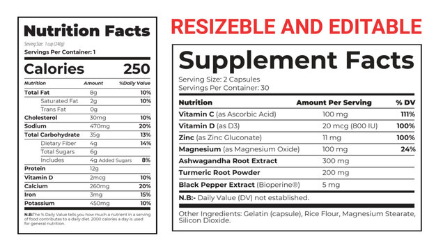 Supplement facts and vitamin facts template, nutrition facts template