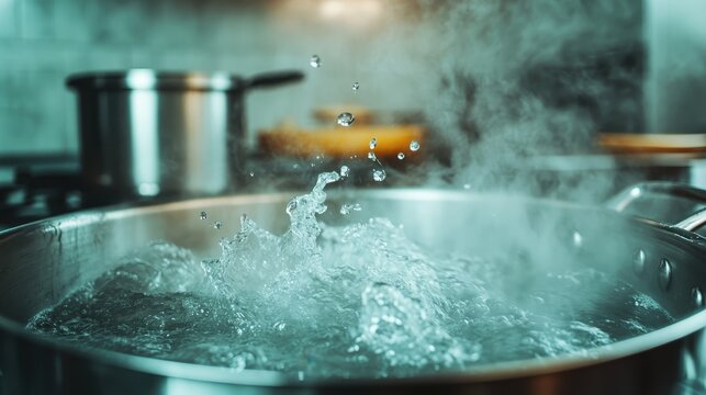 This dynamic photo showcases bubbling water in a stainless steel pot, highlighting the energy and movement in the cooking process essential for various culinary creations.