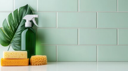 A stylish arrangement of eco-friendly cleaning supplies, including a spray bottle and sponges, against a soft mint green tile backdrop, representing sustainability in daily life.