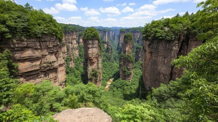 Stunning view of towering cliffs draped in lush greenery, set against a bright blue sky, ideal for travel brochures, nature documentaries, and adventure-themed projects,