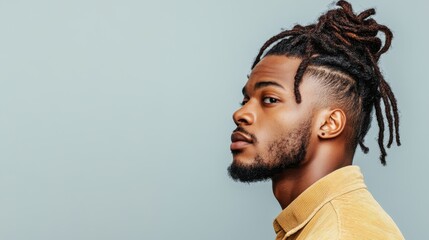 Obraz premium A striking side profile of a young man with dreadlocks, thoughtfully gazing away, embodying confidence and introspection against a soft gray background.