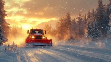 Snowplow clearing a snow covered road during sunset with falling snow and trees in the background