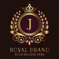 Golden anniversary vintage laurel wreath emblem vector illustration LOGO J