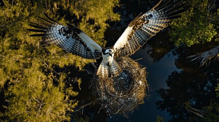 Fototapeta premium Osprey in flight above its nest