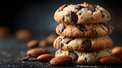Stack of chocolate chip cookies with almonds on dark background National Cookie Day