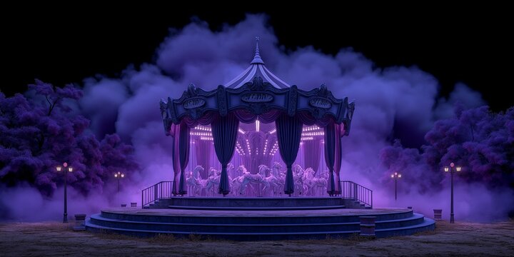 A magical and elegant carousel or gazebo on a stage, illuminated with purple light and surrounded by thick fog at night. Fantasy and mystery concept