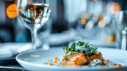 A beautifully plated dish paired with a glass of wine, showcasing the art of gourmet cuisine and inviting viewers to savor the allure of fine dining.