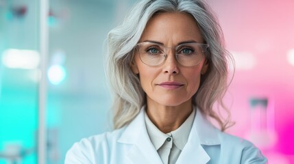 A professional woman in a lab coat stands confidently in a modern laboratory, symbolizing innovation, intelligence, and dedication in the field of science and research.