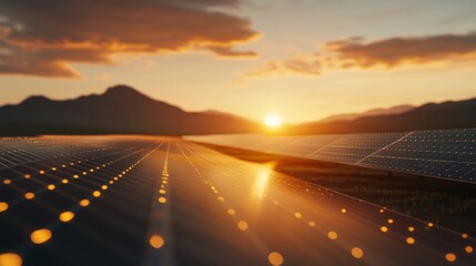 Obraz premium solar farm with connected smart grid technology in desert landscape