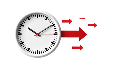 Time's Swift Passage: A minimalist depiction of time's rapid advance, with a modern clock face trailed by dynamic red arrows, symbolizing the relentless flow and movement of time.