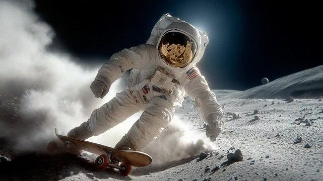 Astronaut performs extreme skateboarding tricks on the moon surface in cinematic video