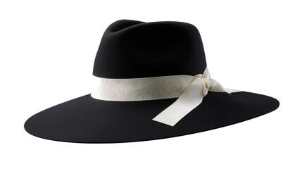 Elegant Hat with Band: A stylish black hat with a striking white band is presented on a plain surface, a classic piece of attire for fashion-forward individuals.