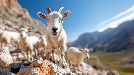 Fototapeta premium A curious goat stands on rocky terrain with mountains in the backdrop, showcasing the thrill of nature and the adventurous spirit of wildlife.