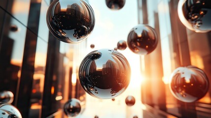 This visually striking image features floating metallic spheres within a modern cityscape, creating a captivating interplay of light and reflection.