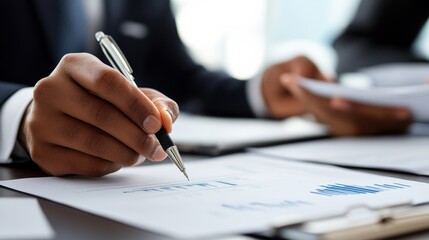 Team of managers reviewing business goals. Whiteboard with graphs