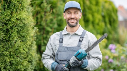Male gardener holding tree trimmer in both hands, tool turned off, demonstrating proper grip and posture, green garden backdrop