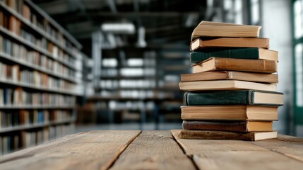 A neat stack of various old and new books rests on a rustic wooden table inside a charming library, inviting readers to explore new worlds and gather knowledge.