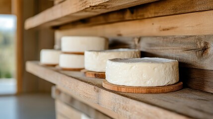 This image showcases a beautiful arrangement of fresh cheese wheels on rustic wooden shelves, emphasizing the artisanal quality and inviting atmosphere of cheese making.