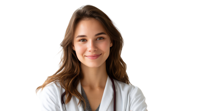 The Gentle Healer: A portrait of a female medical professional exudes competence and care, radiating warmth and assurance with a stethoscope in a photorealistic medical environment.