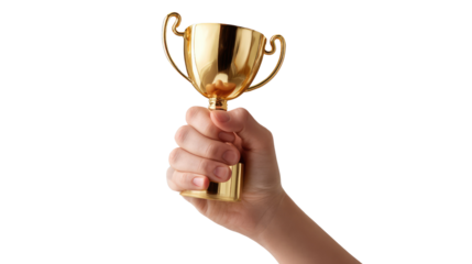 Golden Trophy Triumph: A close-up shot of a hand triumphantly holding a golden trophy, symbolizing achievement, success, and reward, captured in high-definition.