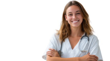 Smiling Medical Professional: A compassionate and smiling healthcare worker, radiates warmth and professionalism, embodying the essence of care and dedication in a portrait of hope and healing.