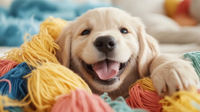 A joyous golden retriever puppy discovers colorful yarn, radiating pure happiness and playfulness, capturing the essence of childhood joy through the eyes of a curious pet.