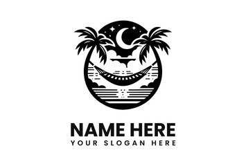 Black and white logo design featuring a hammock, palm trees, moon, and stars, symbolizing relaxation and vacation.