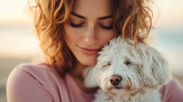 A woman joyfully hugs her fluffy white dog, showcasing the bond of companionship and love felt between humans and their pets, radiating warmth and joy on a beach.