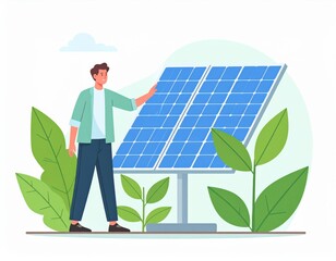 Young Man Engaging with Solar Panels Surrounded by Lush Greenery and Plants
