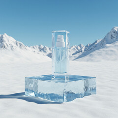 Ice Cube Product Display: Winter Landscape Scene for Cosmetics, Perfume, or Skincare Branding isolated  background