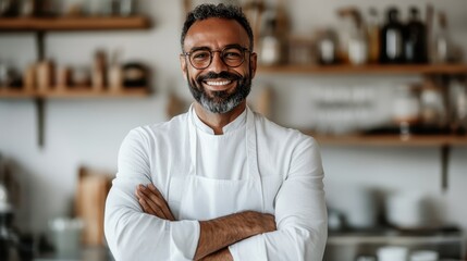 A charismatic chef proudly posing in a contemporary kitchen, showcasing confidence in his culinary skills and a passion for creating delightful dishes.