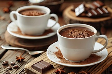 Flawless Picture of Cups of Tasty Hot Chocolate on Wooden Background