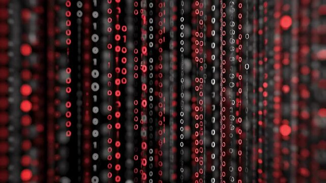 Abstract red and black digital pattern with binary code elements
