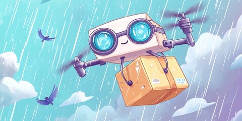 A cheerful, cartoon robot drone delivering a package amidst rain and clouds, symbolizing creativity and innovation in tech and logistics.