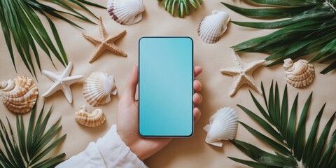 A hand holding a smartphone against a backdrop of seashells and tropical leaves, perfect for summer promotions, travel apps, or social media content.