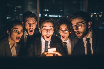 A group of professionals gathered around a smartphone, attentively looking at the screen. They seem engaged and focused on the content displayed.