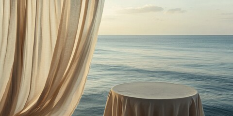 A serene ocean view from behind sheer curtains, featuring a beautifully set table. Perfect for illustrating relaxation, luxury, or romantic getaways.