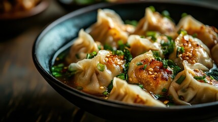 A mouthwatering dish of freshly made dumplings garnished with green onions, served in a dark bowl, showcasing comfort food and culinary artistry at its finest.
