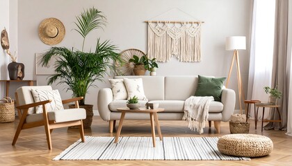Cozy Living Room Interior Stylish Furniture with Plants, and and Bohemian Decor.