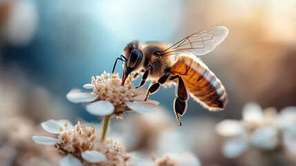 Fototapeta premium A stunning macro shot captures a bee busily pollinating a delicate flower, highlighting the beauty of nature's interactions and the intricate details of the natural world.