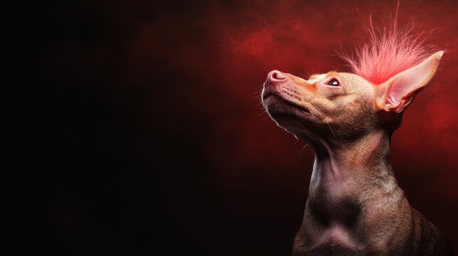 A playful dog with a striking pink mohawk poses against a dramatic dark background, showcasing its unique personality and charm in an engaging and fun portrait.