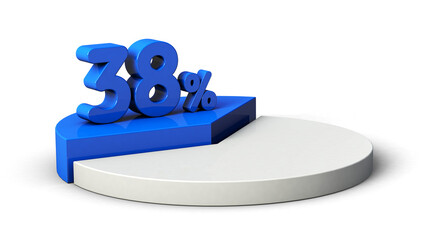 38% blue and white pie chart isolated on transparent background. 3d illustration.
